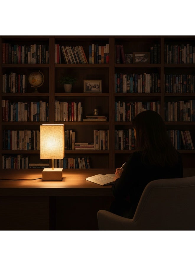 نجفة شوب أباجورة طاولة مودرن بقاعدة خشبية زان وشابوه كتان تصميم بسيط لإضاءة دافئة  نجفة شوب - Image 2